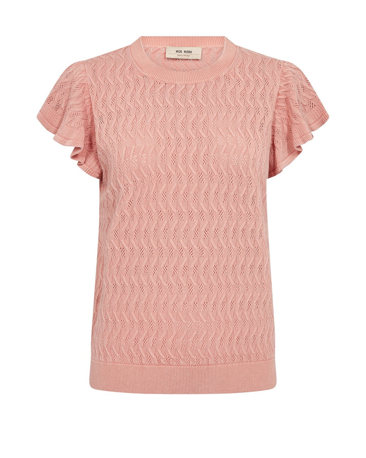 Pink patterned knit T-shirt with short flutter sleeves and crew neck