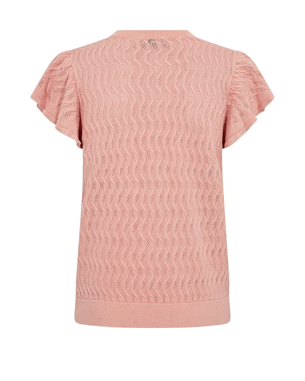 Pink patterned knit top, back view, short flutter sleeves and crew neck