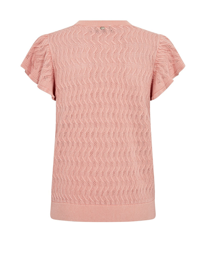 Pink patterned knit top, back view, short flutter sleeves and crew neck