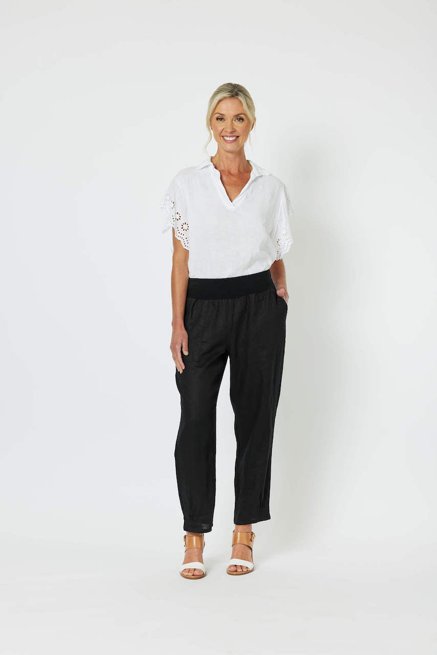 Ribbed Waist Linen Relaxed Pant - Black