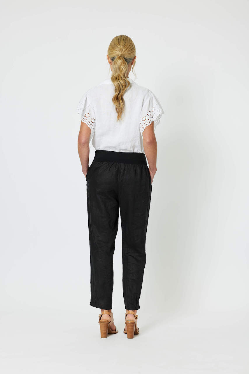 Ribbed Waist Linen Relaxed Pant - Black