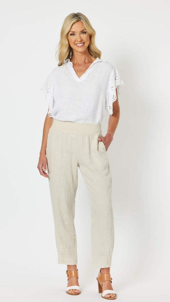 Sarah Ribbed Waist Linen Relaxed Pant - Natural