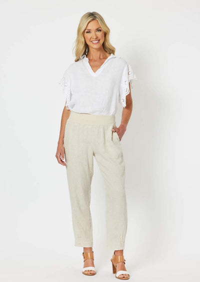 Ribbed Waist Linen Relaxed Pant - Natural