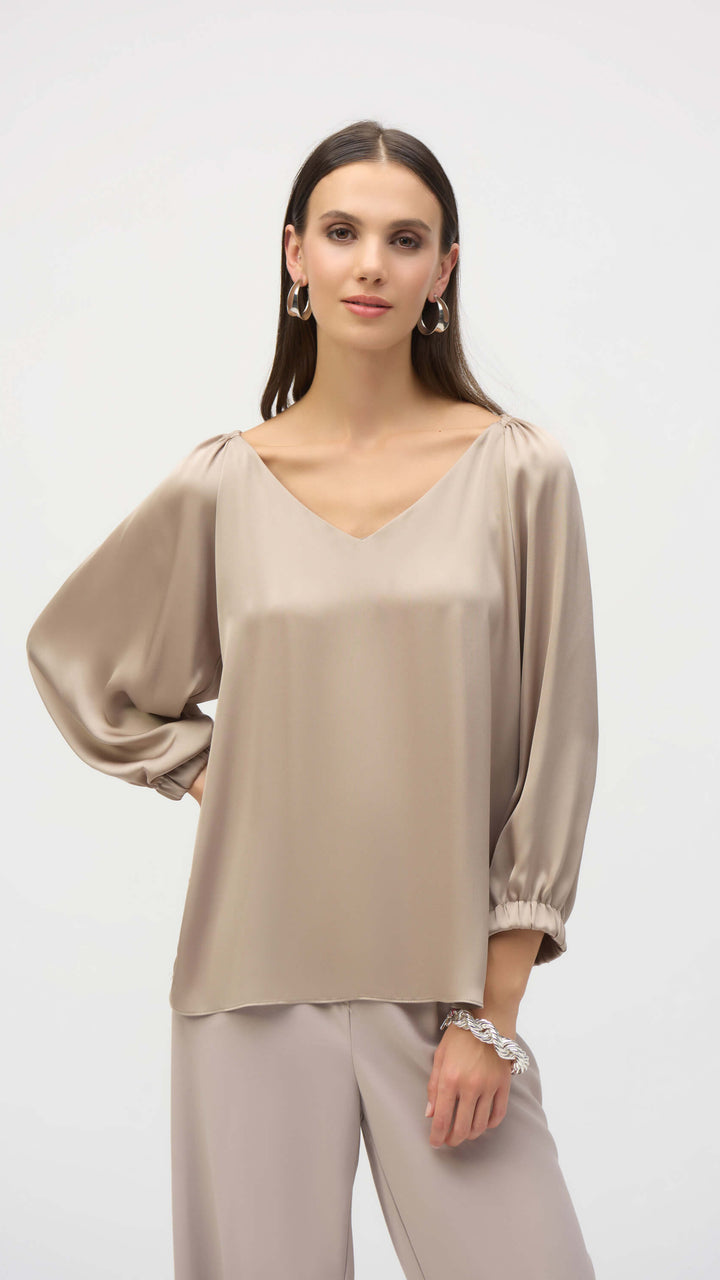 Satin V Neck Straight Top - Dune 252165