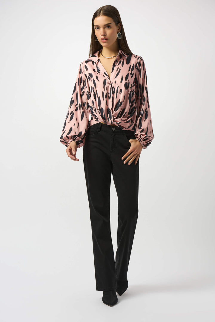Soft Focus Recycled Satin Animal Print Draped Top 253059