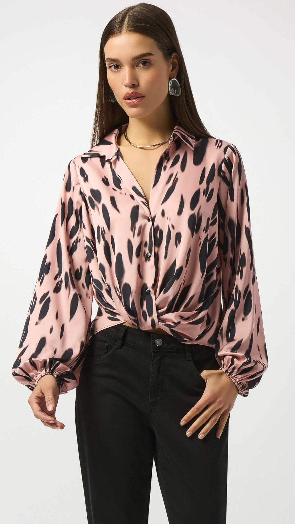 Soft Focus Recycled Satin Animal Print Draped Top 253059
