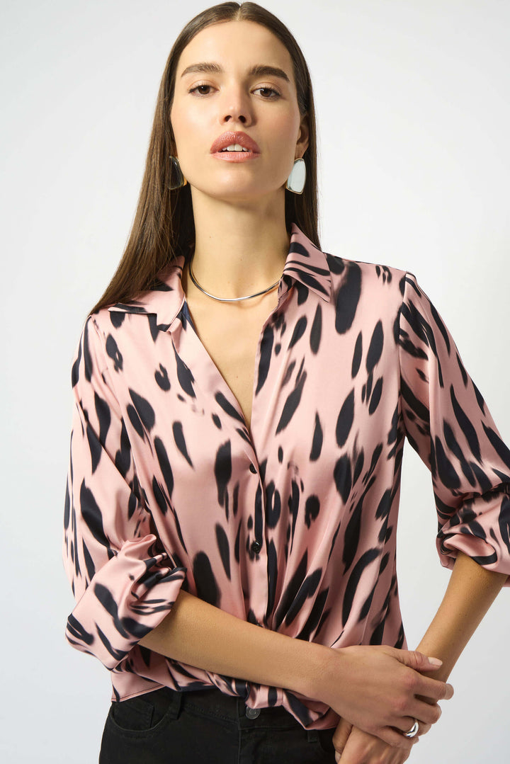 Soft Focus Recycled Satin Animal Print Draped Top 253059
