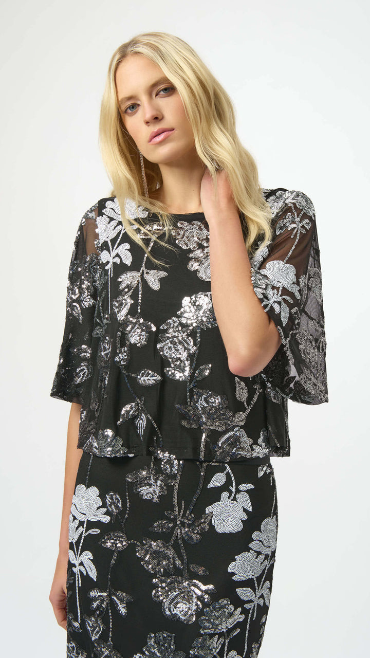 Sequin Embroidered Floral Print Boxy Top 254181