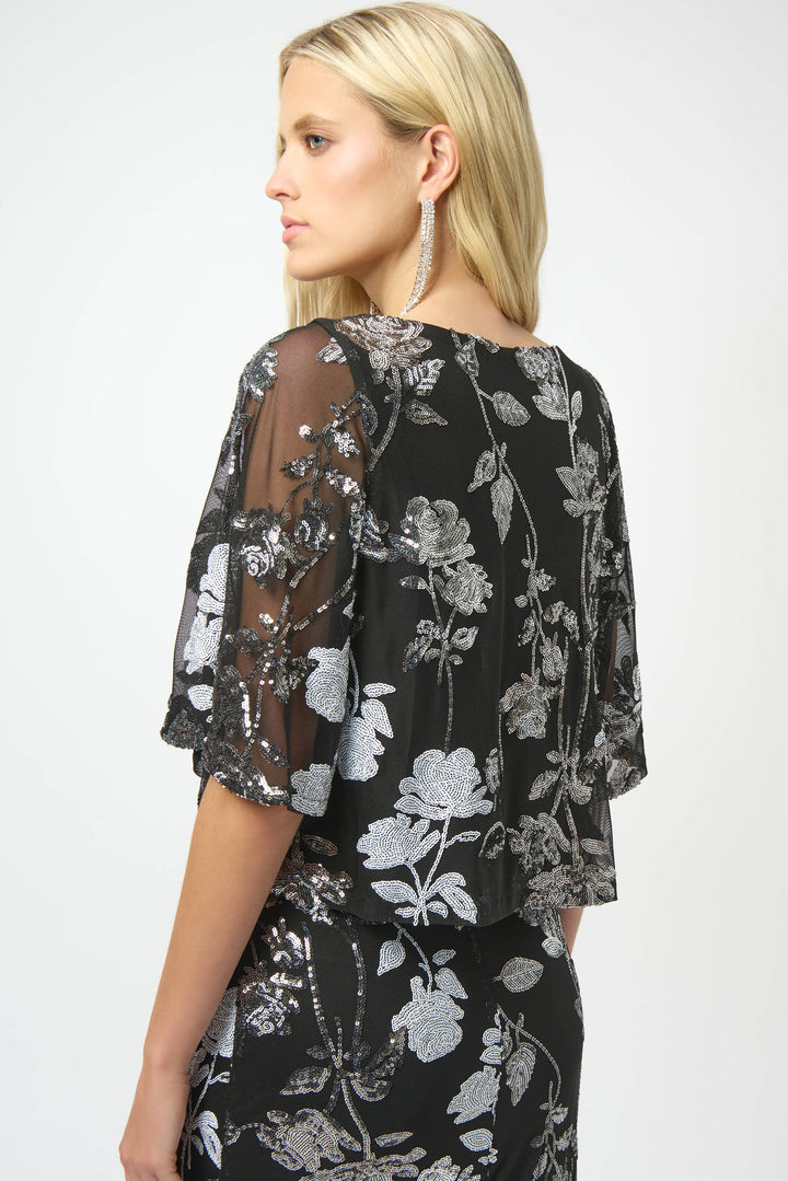 Sequin Embroidered Floral Print Boxy Top 254181