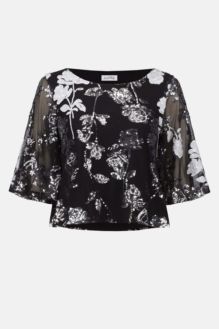 Sequin Embroidered Floral Print Boxy Top 254181