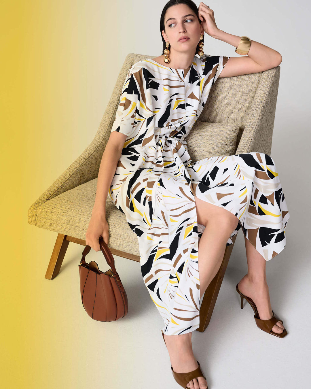 Joseph Ribkoff trapeze dress, abstract black yellow white print, sleeveless midi length
