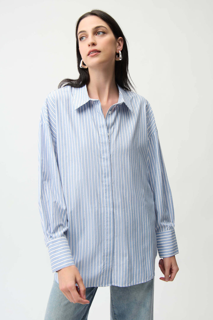 Tencel Stripe Print Boxy Shirt With Diamontes 261931