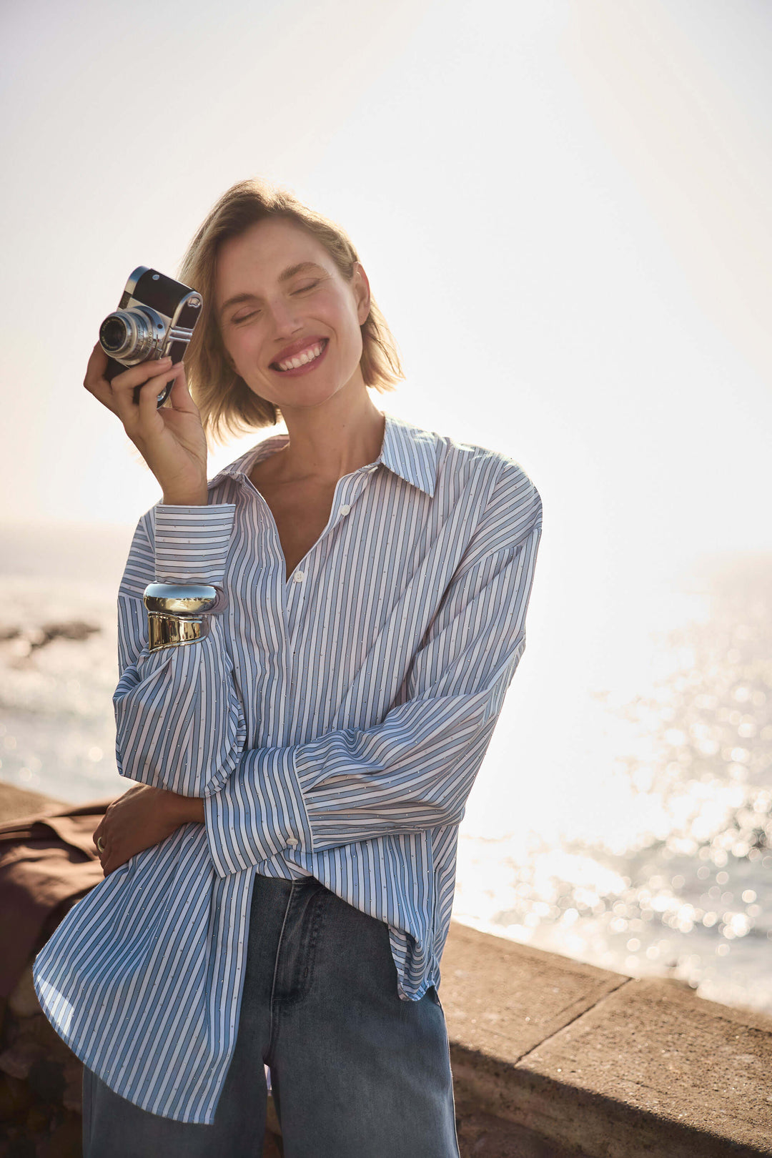 Tencel Stripe Print Boxy Shirt With Diamontes 261931