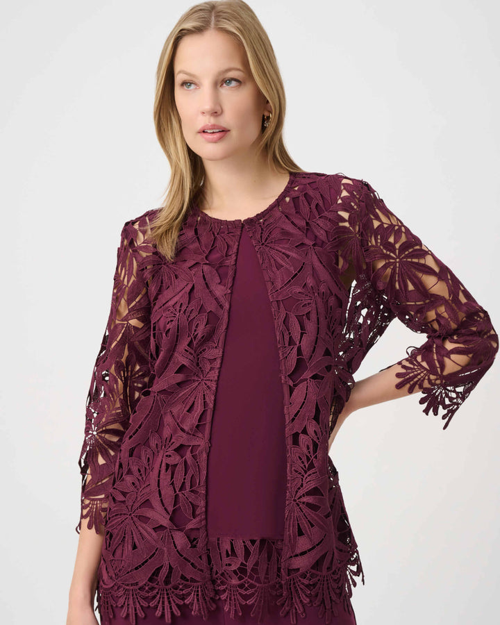 Joseph Ribkoff Model wearing a burgundy lace jacket over a matching dress on a white background