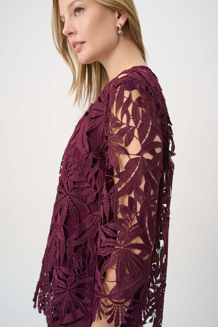 Joseph Ribkoff Model wearing a burgundy lace jacket over a matching dress on a white background