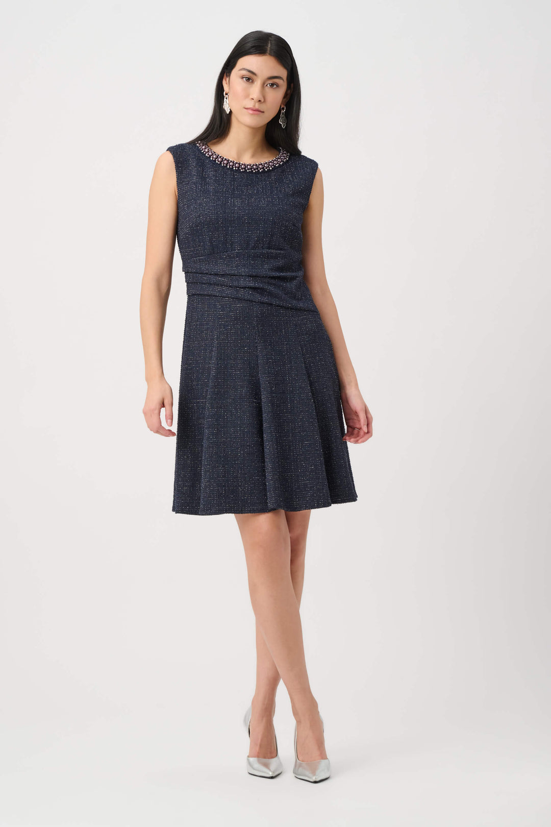 Modern Geometry Lurex Boucle Flounce Dress with Pearl Trim 263922