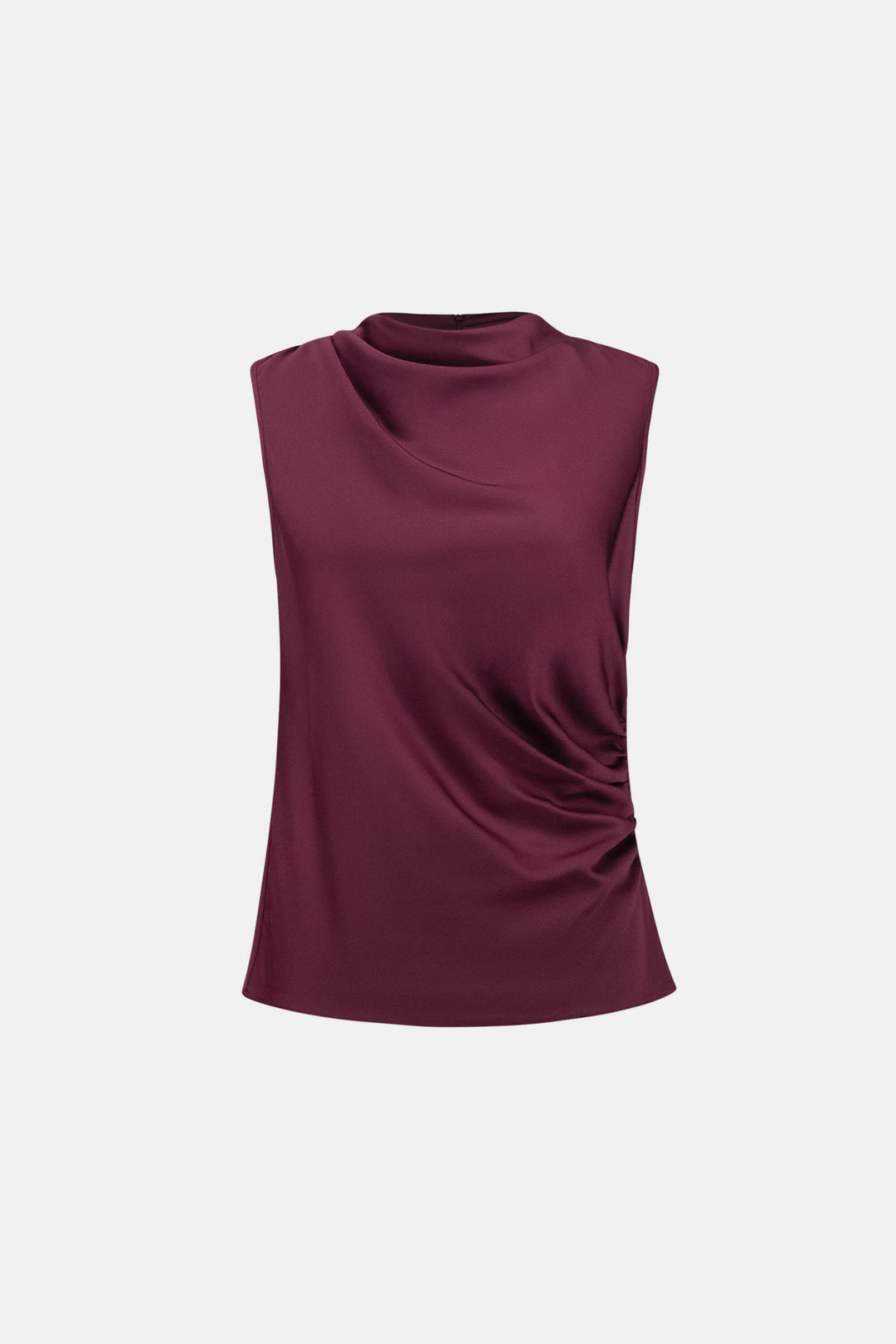 Joseph Ribkoff  modeling a sleeveless, high-neck, draped satin dress in a deep burgundy color against a plain light gray background. Flat image 