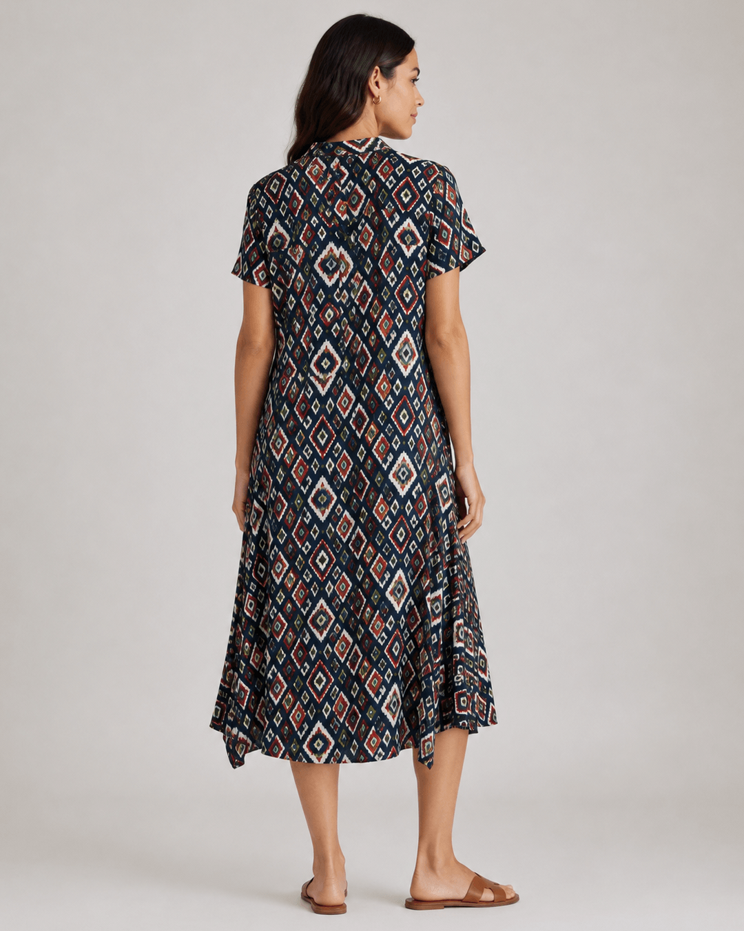 Geometric print midi dress, navy with teal and orange diamonds, short sleeves, rear view