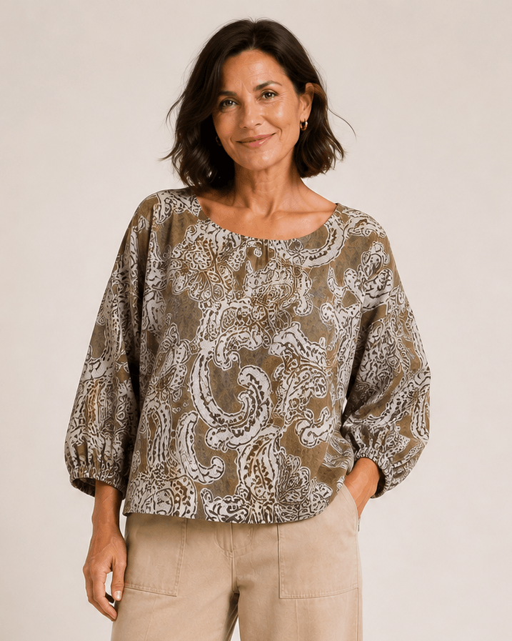 Relaxed paisley print top with crew neck and 3/4 balloon sleeves, tan with white