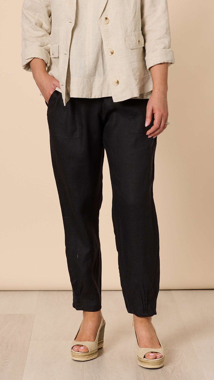 Sarah Linen Pleat Hem Pant - Black