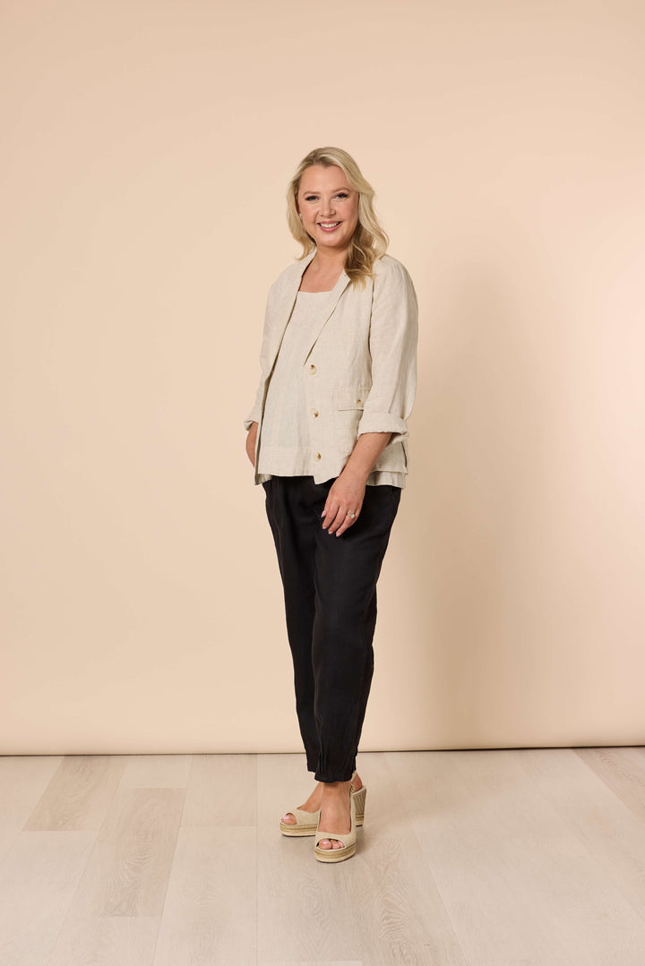 Sarah Linen Pleat Hem Pant - Black