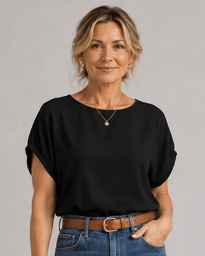 Black blouse top with short puff sleeves and round neckline