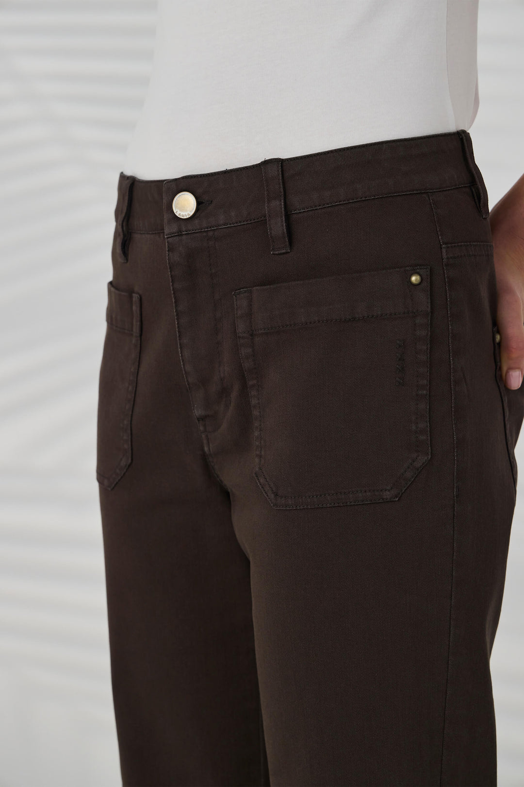 Lania The Label Model Brown pants with a white background