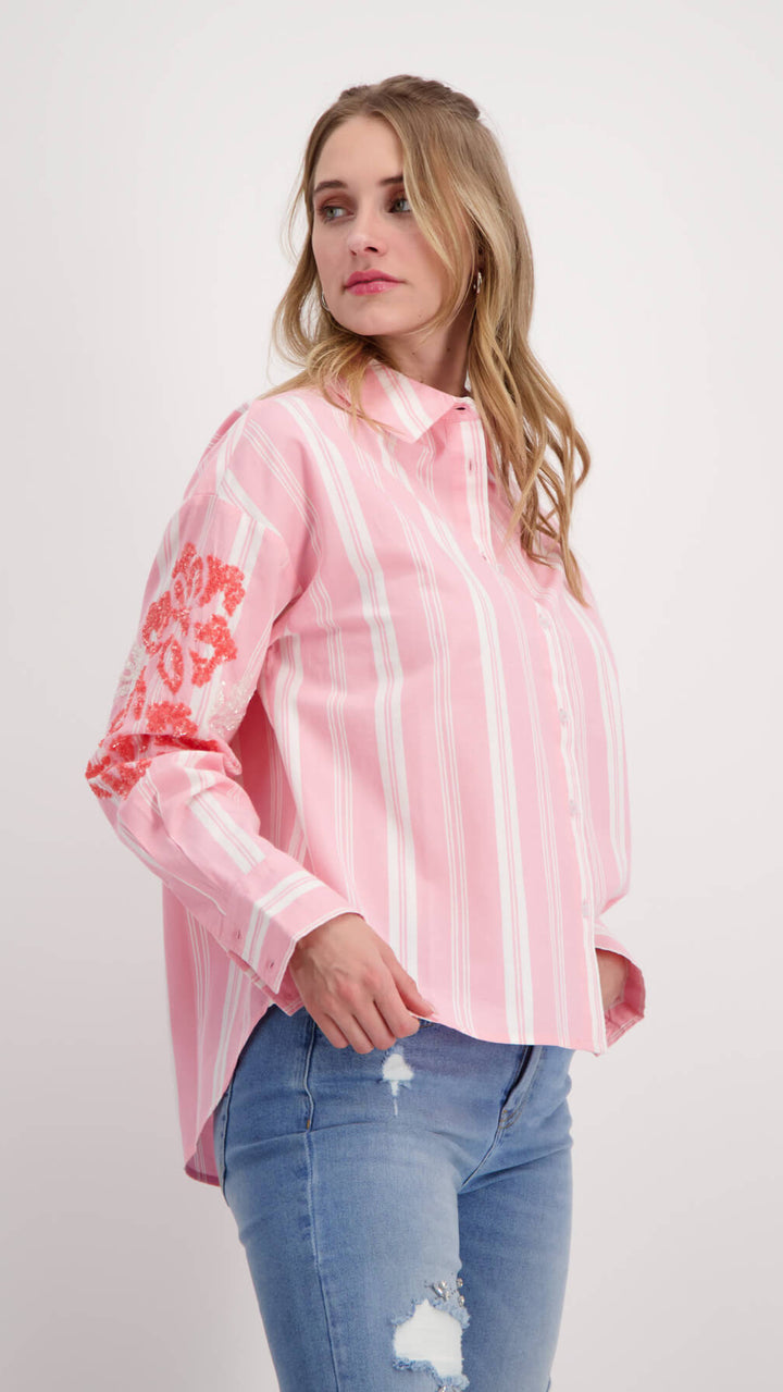 Stripe Collar Sequin Flowers Shirt