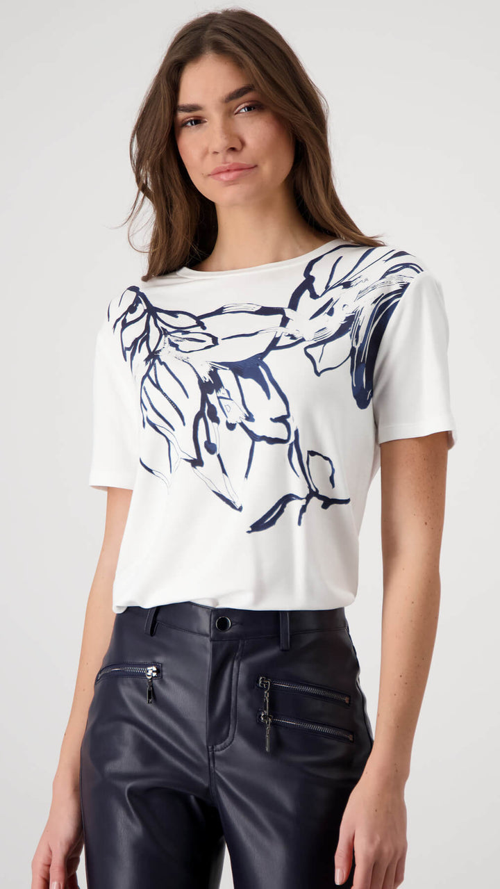 Navy Floral Print T-Shirt With Rhinestones