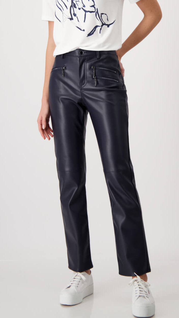 Faux Leather Zip Pocket Pants - Deep Ocean Blue