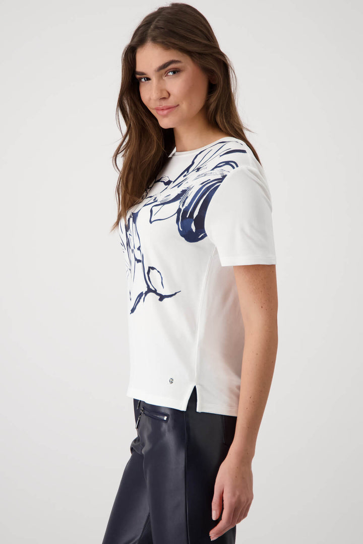 Navy Floral Print T-Shirt With Rhinestones