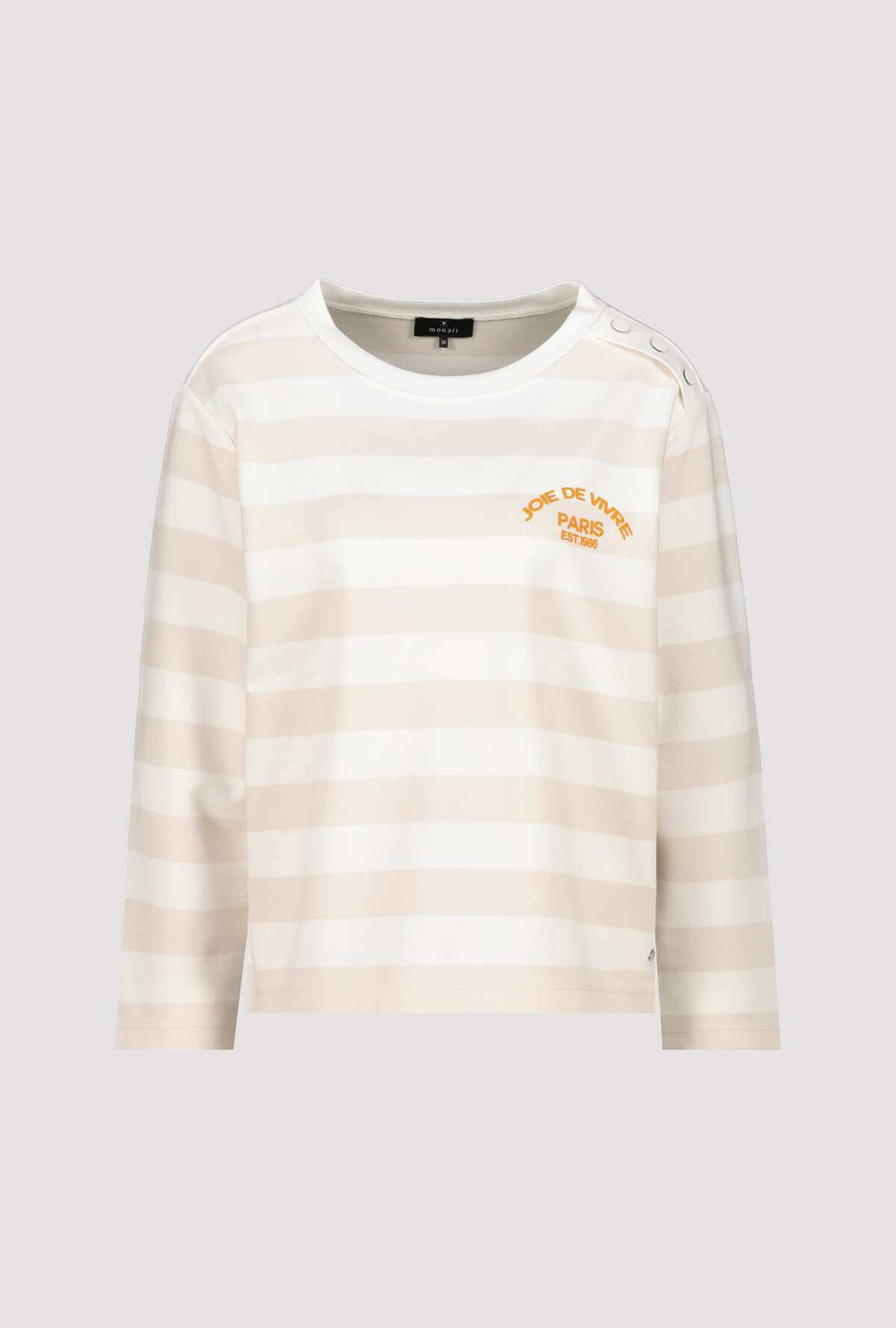 Long-sleeve striped jersey top, off-white with light beige horizontal stripes and orange chest logo