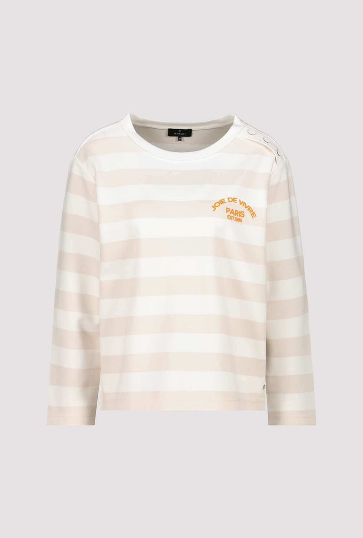 Long-sleeve striped jersey top, off-white with light beige horizontal stripes and orange chest logo