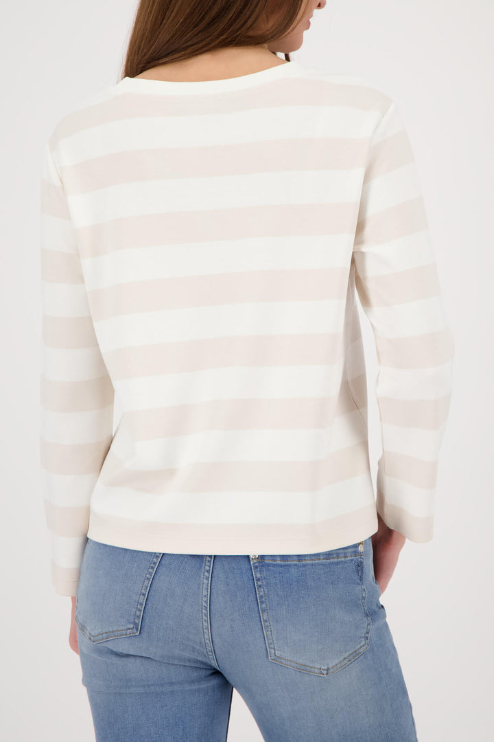 Back view of women’s long-sleeve striped jersey top in off-white with light beige stripes