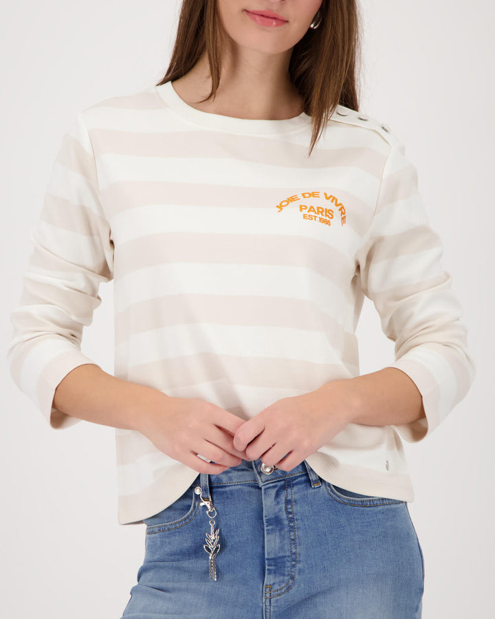 Women’s long-sleeve jersey top with light beige horizontal stripes and small chest logo