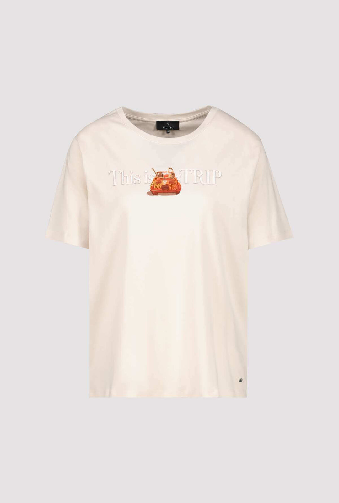 Cream convertible T-shirt front view with orange car graphic on chest