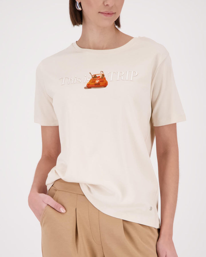 Cream convertible T-shirt with orange car graphic and crew neck