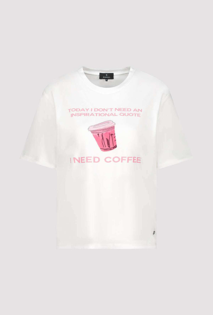 White T-shirt front view with pink coffee cup graphic and “I NEED COFFEE”