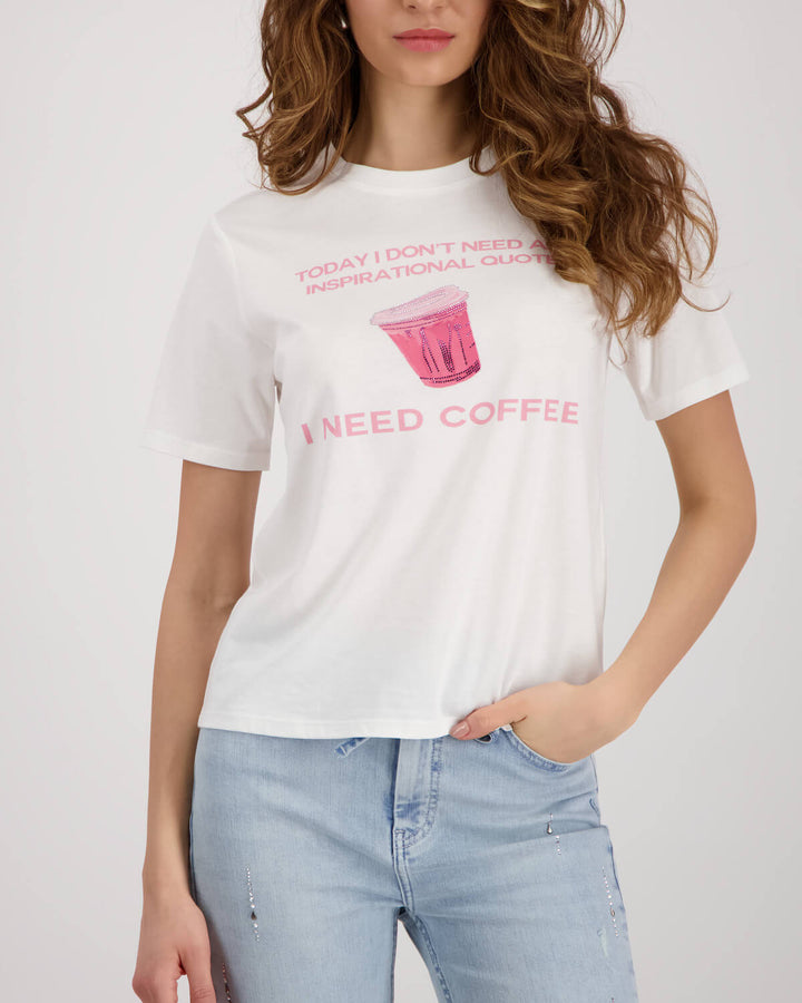 White T-shirt with pink coffee cup graphic and “I need coffee” text