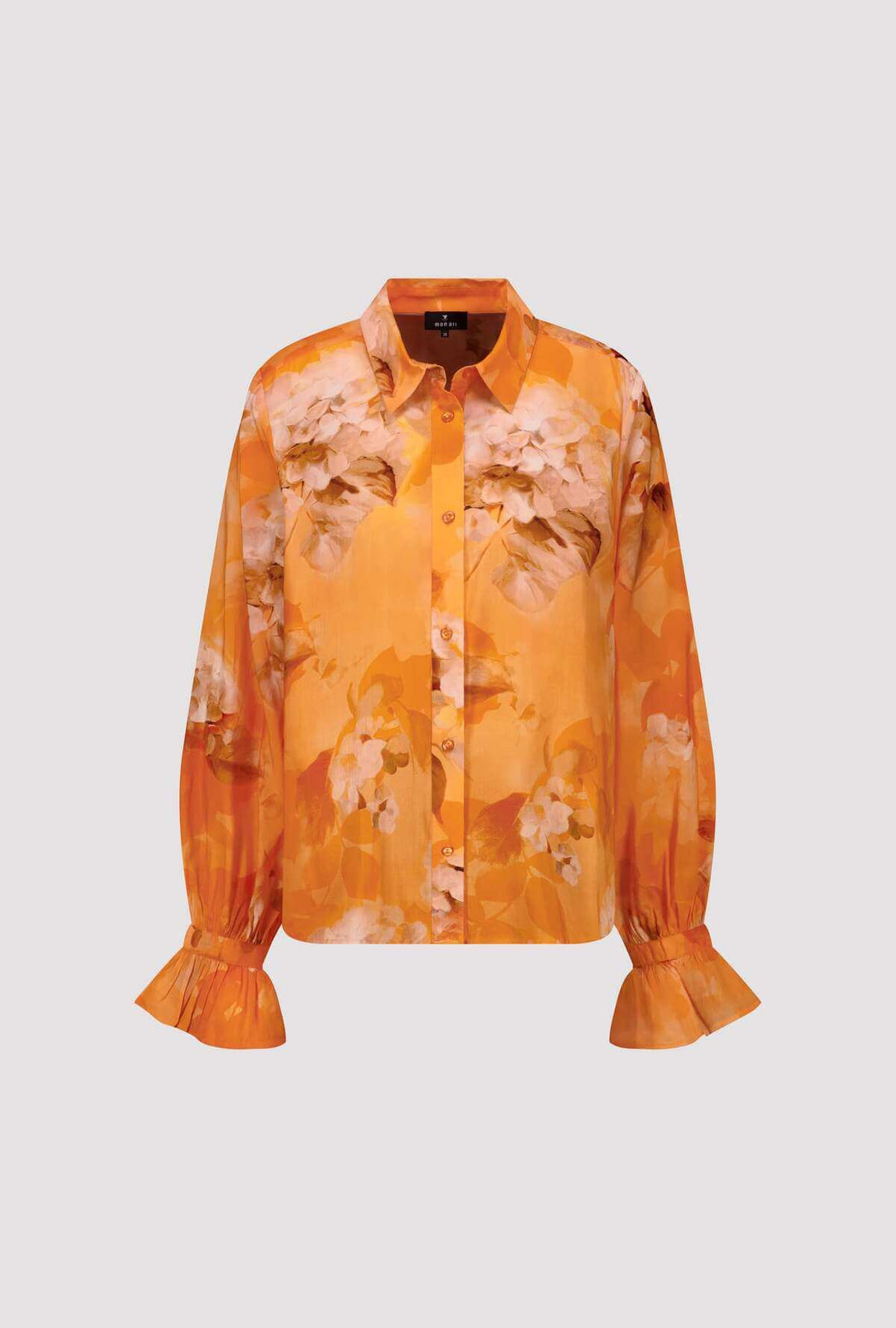 Monari flat image  orange tie-dye button-up blouse with pointed collar and long ruffle cuffs on a model