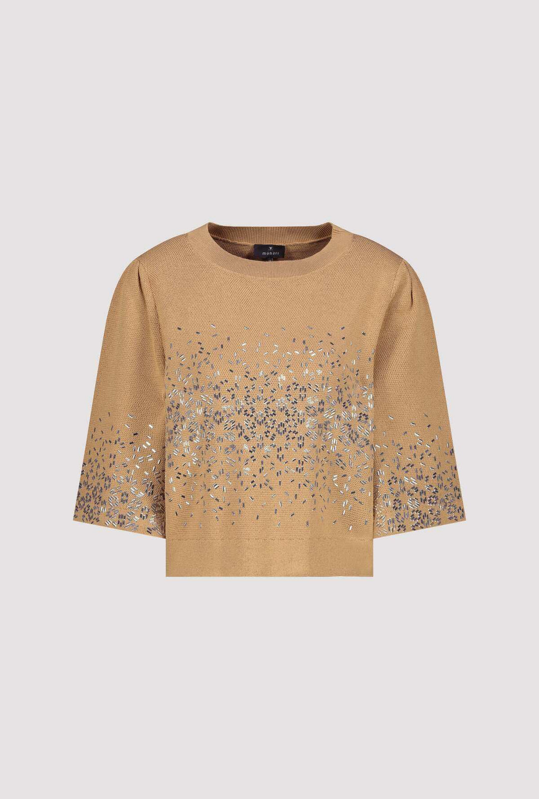 Beige knit top flat lay with jeweled speckle chest and 3/4 sleeves