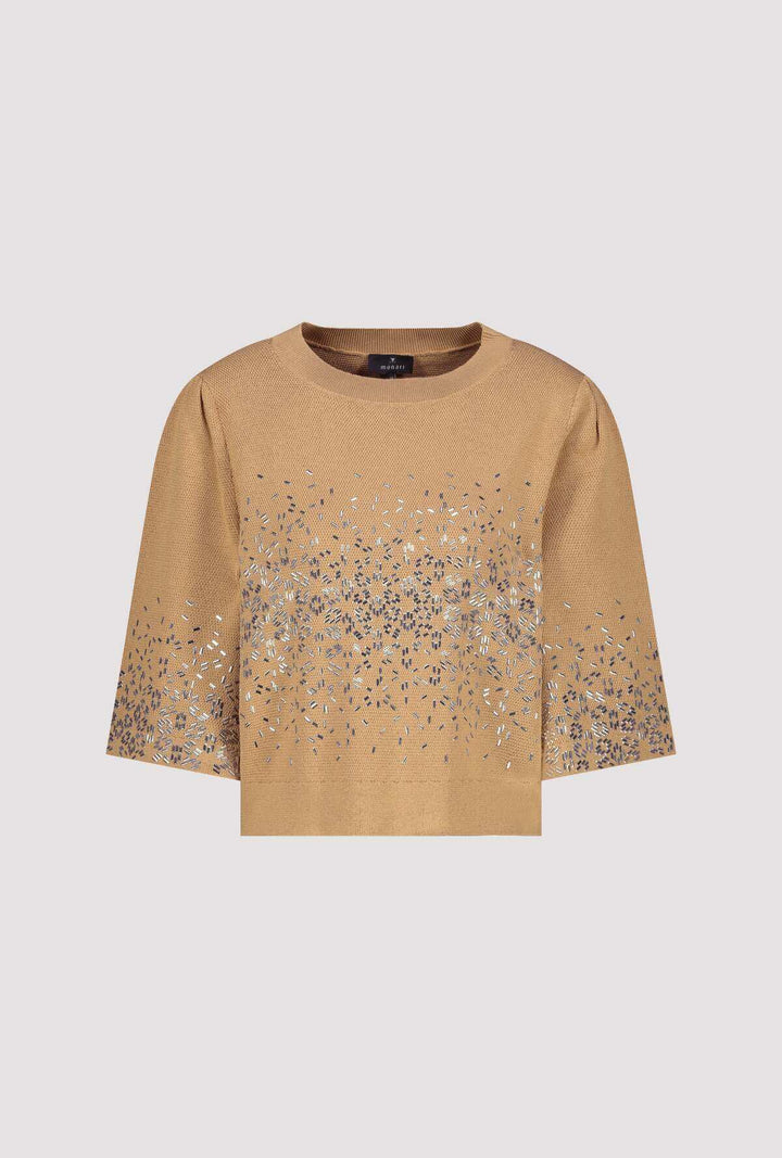 Beige knit top flat lay with jeweled speckle chest and 3/4 sleeves