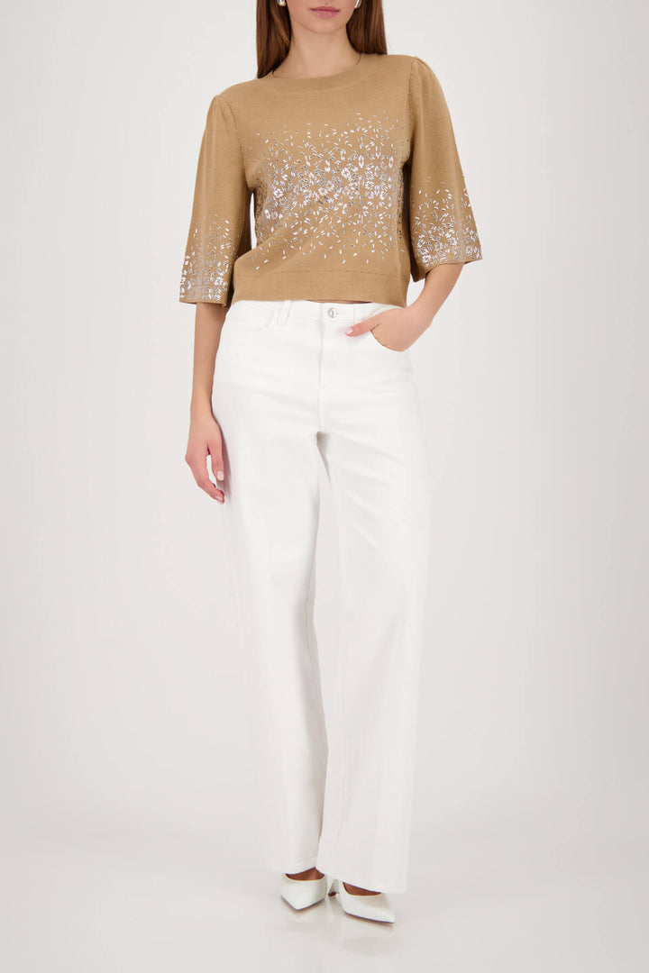 Beige knit top with crew neck and jeweled speckle design, 3/4 sleeves