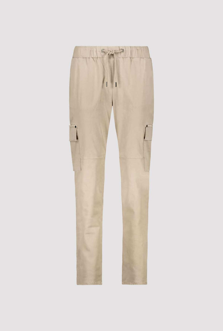 Monari sand cargo pants on model, drawstring waist with thigh cargo pockets. Flat image.