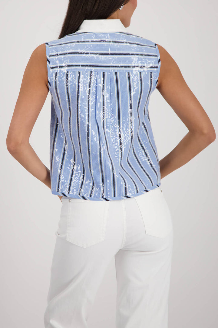 Monari woman modeling a sleeveless button-front top with vertical blue and white stripes, a white collar, and white pants against a light gray studio background. Back view