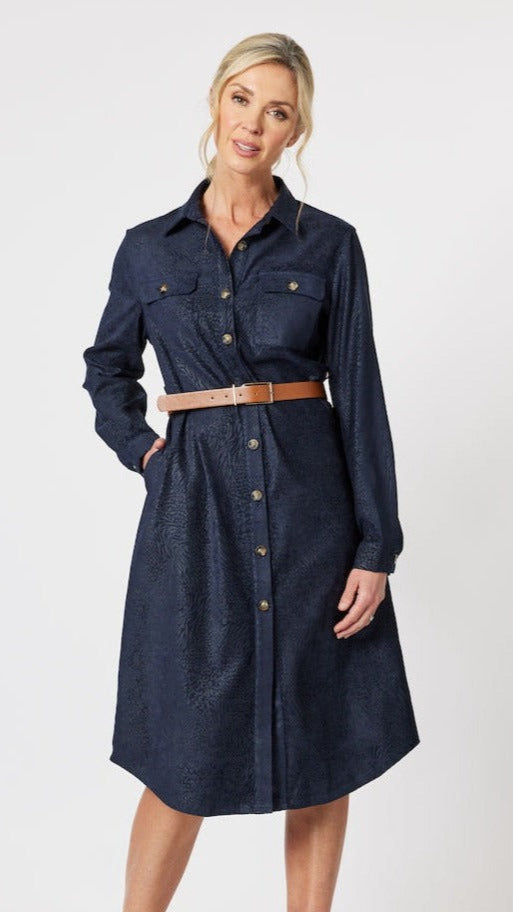 Animal Print Suede Feel Shirt Dress - Midnight Blue