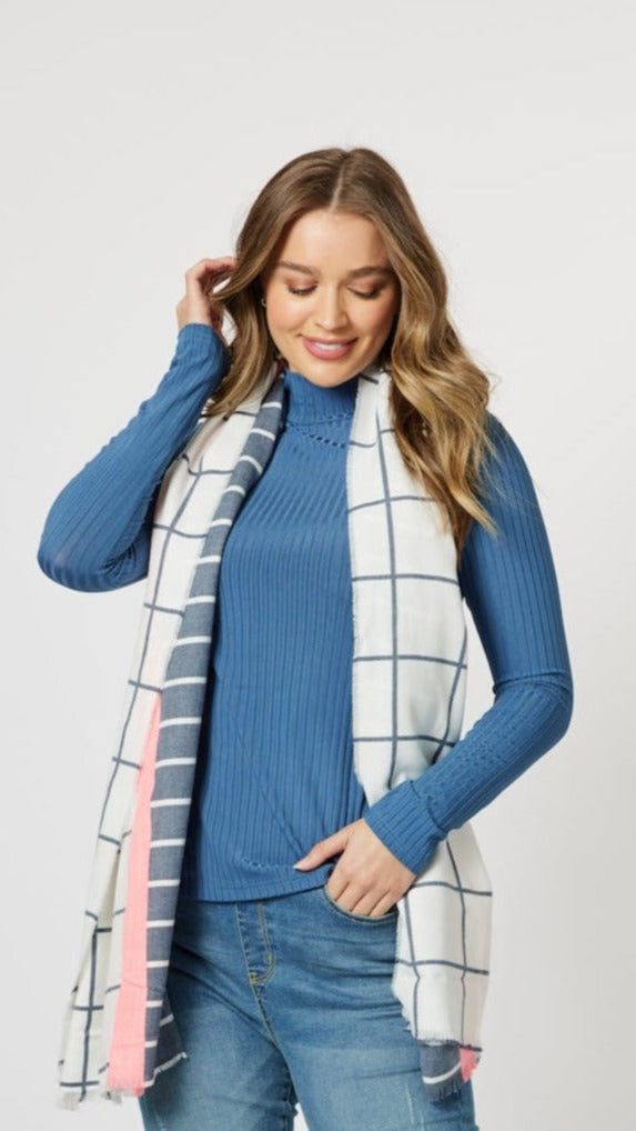 Chloe Mock Neck Ribbed Skivvy - Azure Blue/Toffee/Black