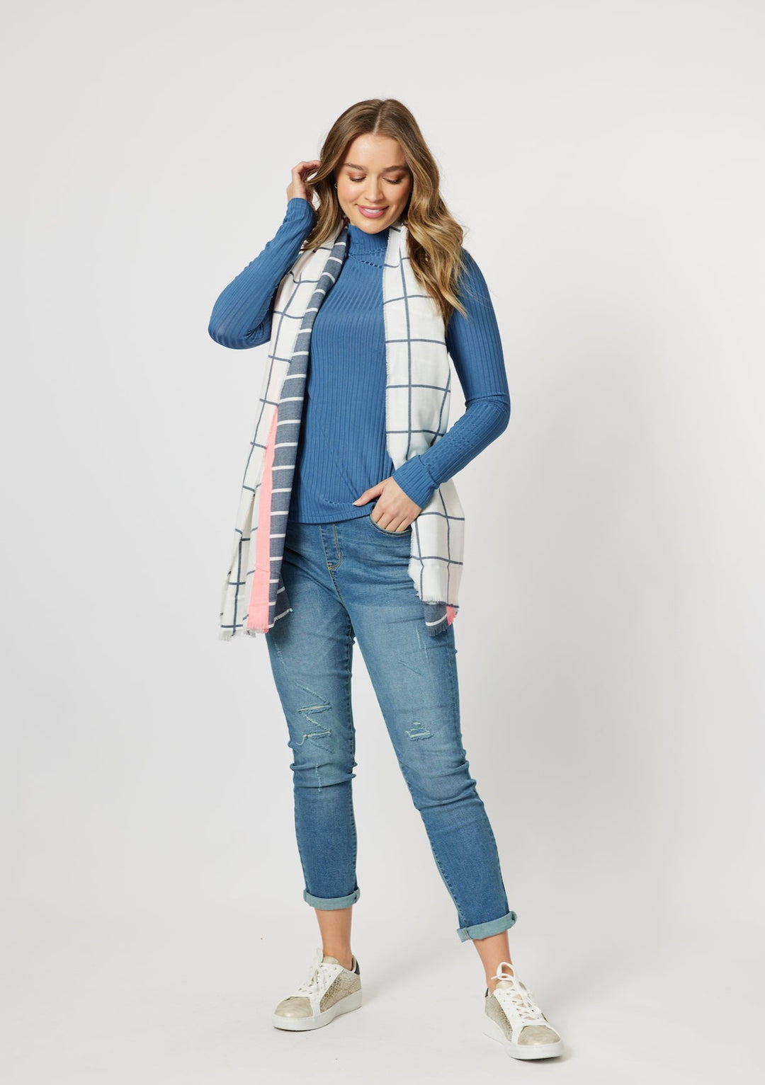 Chloe Mock Neck Ribbed Skivvy - Azure Blue/Toffee/Black