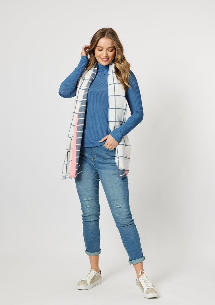 Chloe Mock Neck Ribbed Skivvy - Azure Blue/Toffee/Black