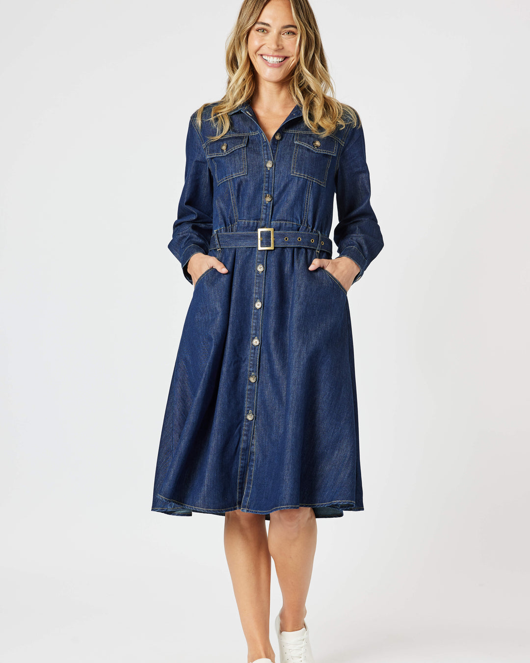 denim cape dress Ruby Cape-Cut Midi Denim Dress